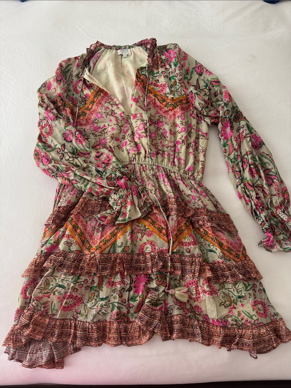 HEMANT & NANDITA Pink Floral Mini Dress with Green Accents